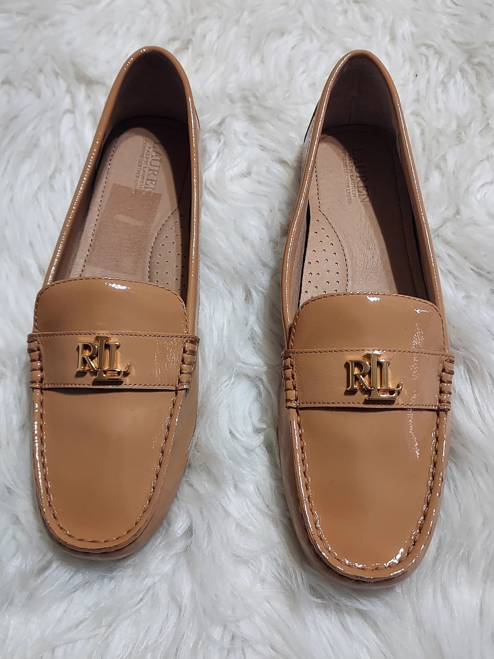 Ralph Lauren Tan Crinkle Patent Leather Penny Loafers Sz-10